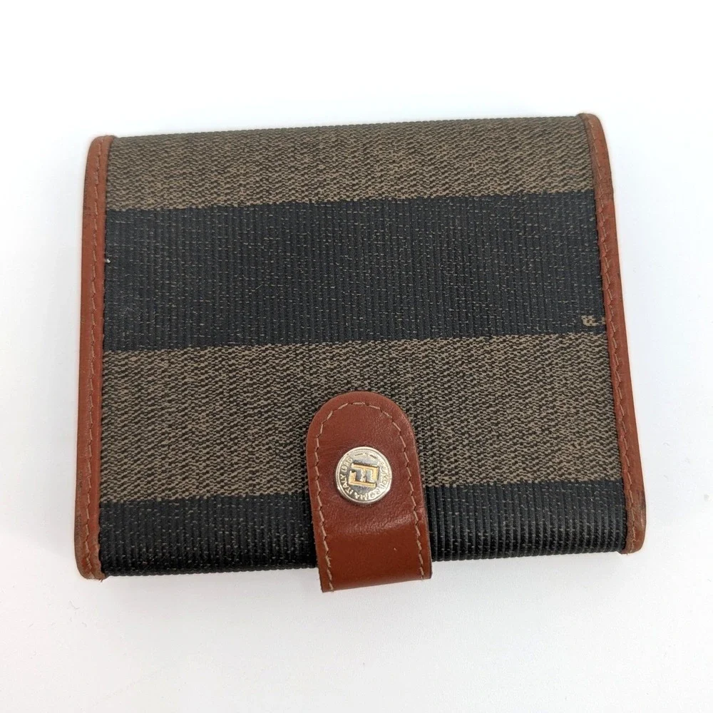Fendi s.a.s. Vintage Pequin Stripe‎ Trifold Wallet Brown Leather Made in Italy